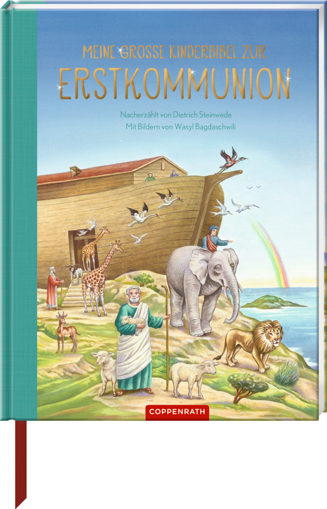 Einband einer Kinderbibel "Meine Grosse Kinderbibel zur Erstkommunion" mit der Arche Noah, Tieren und einem Regenbogen im Hintergrund.