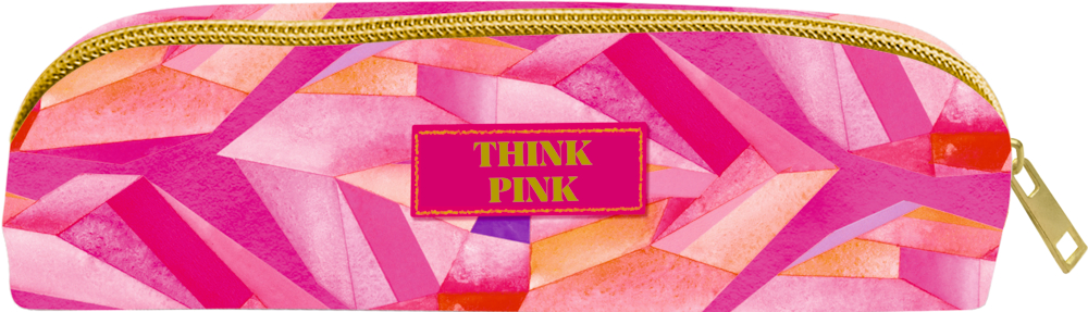 Pinkes Federmäppchen mit Goldreißverschluss und gelbem Schriftzug „THINK PINK“ auf dem Etikett.