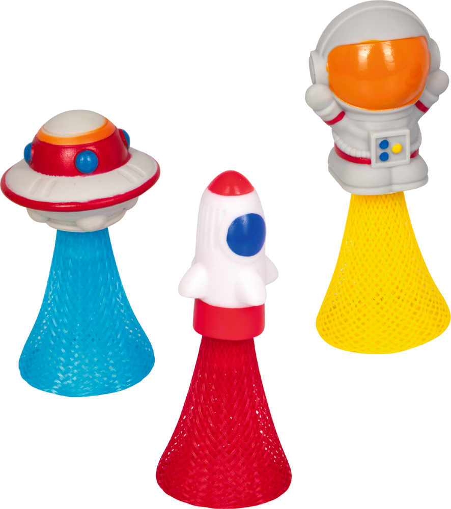 Drei Mesh-Springer-Spielzeuge: UFO auf Blau, Rakete auf Rot und Astronaut auf gelbem Mesh.