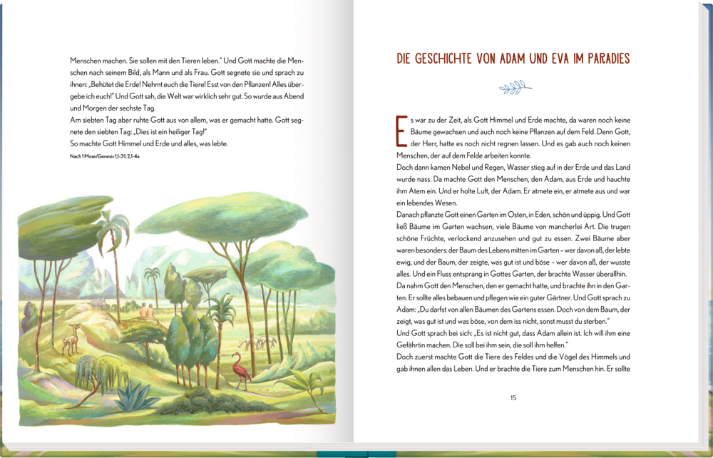 Ein illustriertes Kinderbuch zeigt Adam, Eva und Tiere in einem üppigen Garten mit  Text auf jeder Seite.