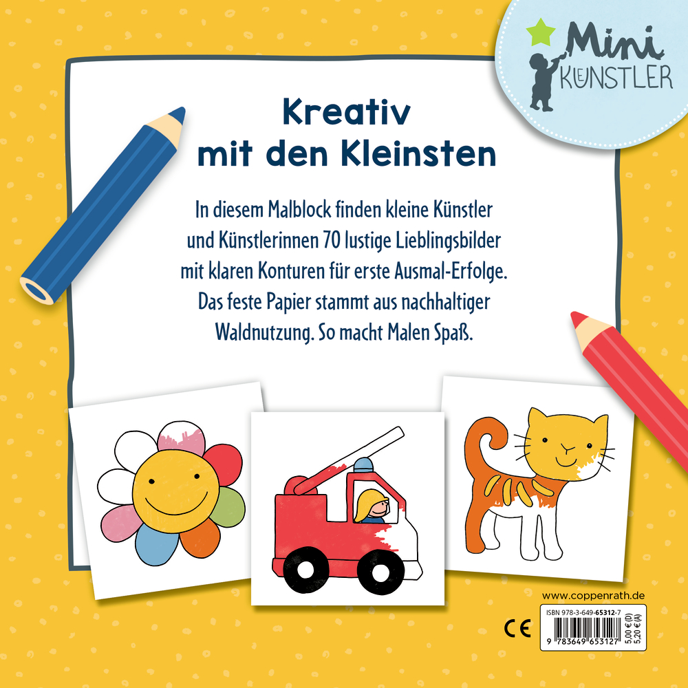 Rückseite eines gelben Malblocks mit Buntstiften und drei Ausmalmotiven: bunte Blume, rotes Feuerwehrauto und orangefarbene Katze.