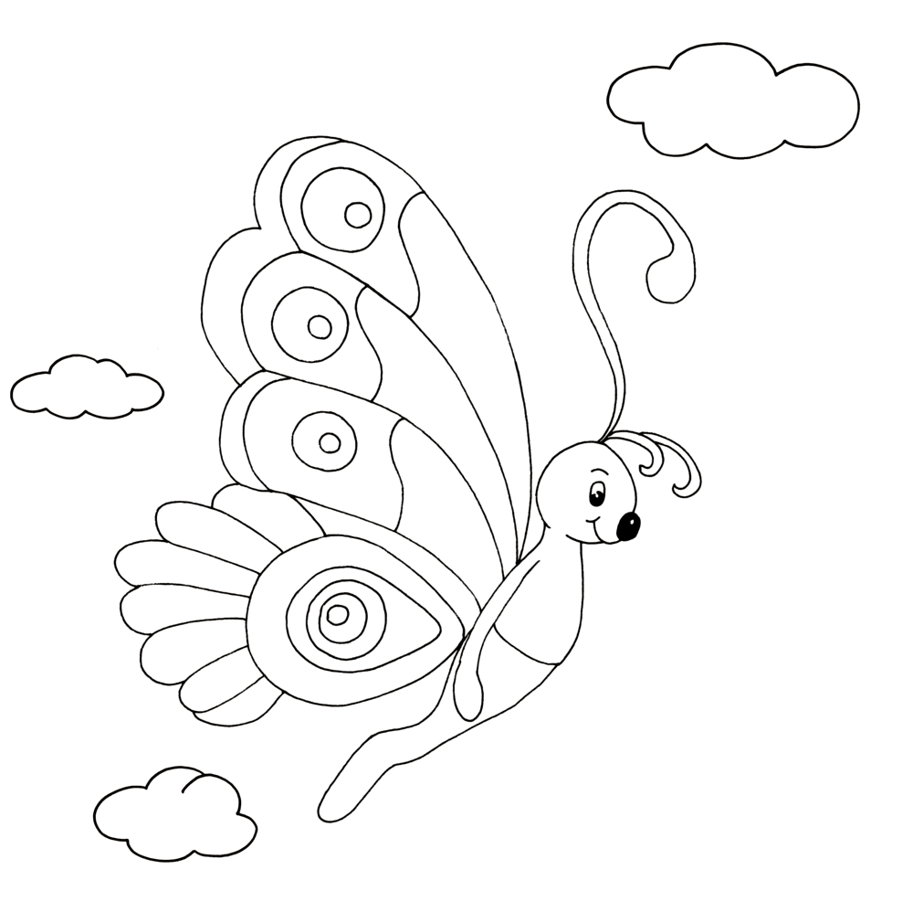 Zeichnung eines Schmetterlings mit großen gemusterten Flügeln, der zwischen drei Wolken fliegt.