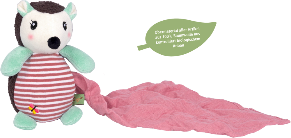 Stofftier in Igel-Form mit mintgrünen Pfoten, gestreiftem Bauch und angenähtem rosa Schnuffeltuch, aus Baumwolle aus kontroliertem biologischem Anbau.