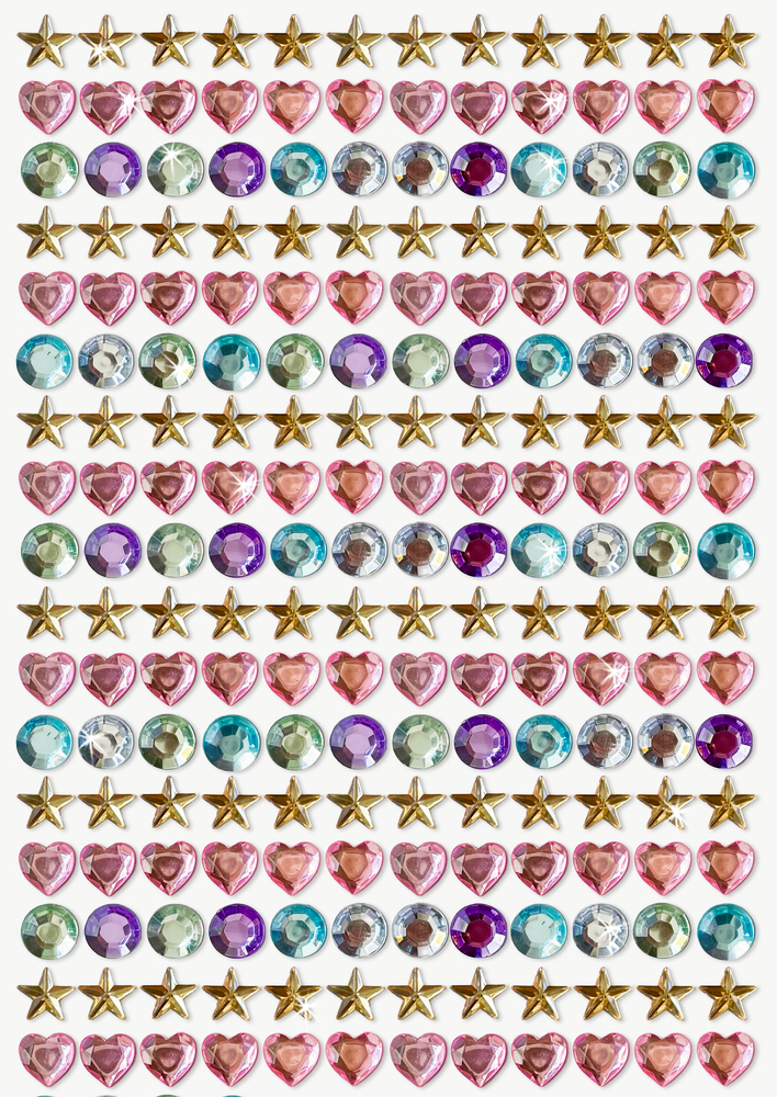 Bunte Schmucksteine in Herz-, Stern- und Rundform in Gold-, Rosa-, Blau-, Grün- und Lilatönen in Reihen angeordnet.