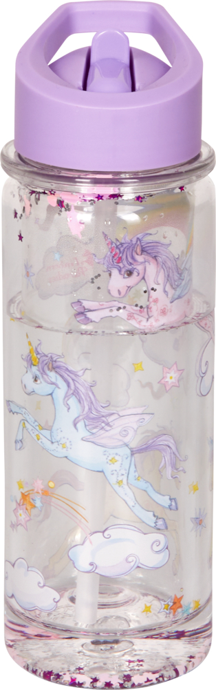 Rückseite einer transparenten Wasserflasche mit violettem Deckel, Einhornmotiven und Glitzerpartikeln.