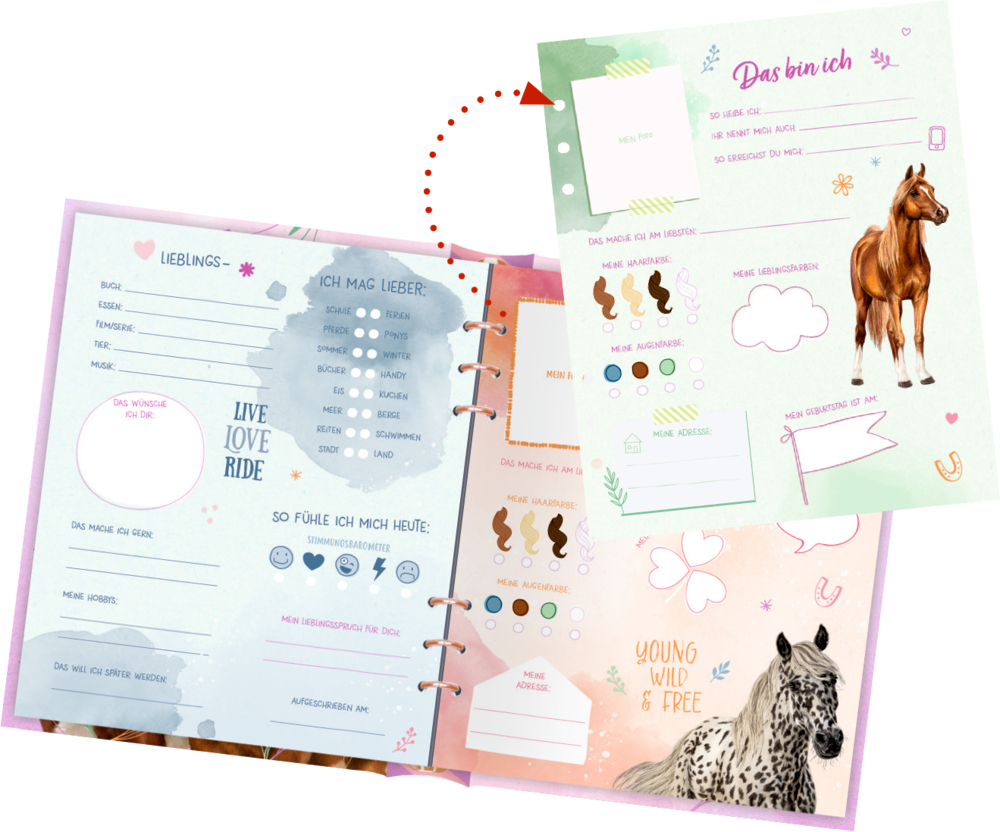 Aufgeschlagenes Freundebuch mit bunten Eintrageseiten und Pferdeillustrationen in Rosa-, Grün- und Orangetönen.