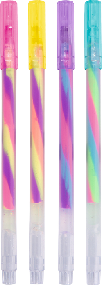 Vier Gelstifte mit transparentem Gehäuse, spiralartig gemischter Neonfarbe und farbigen Kappen in Pink, Gelb, Lila und Türkis.