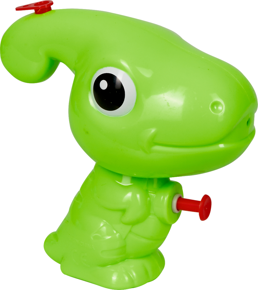 Grünes Dino-Spielzeug aus Kunststoff mit einem roten Knopf an der Seite.