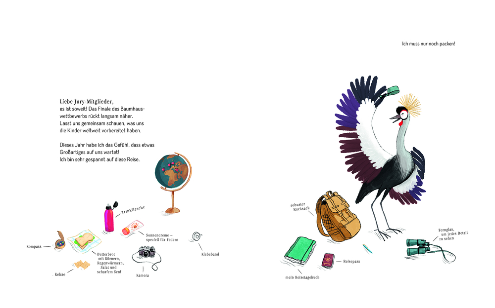 Ein Vogel steht mit Rucksack, Reisepass, Kamera, Globus und Ausrüstung vor weißem Hintergrund.