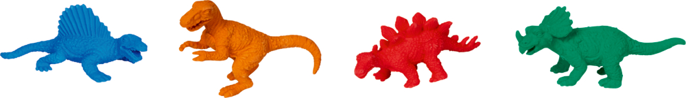 Vier Spielzeugdinosaurier – blau, orange, rot und grün – in verschiedenen Posen auf weißem Hintergrund.