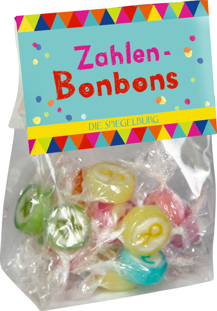 Durchsichtige Tüte mit bunten, einzeln verpackten Bonbons und bunt gestalteter Headerkarte.