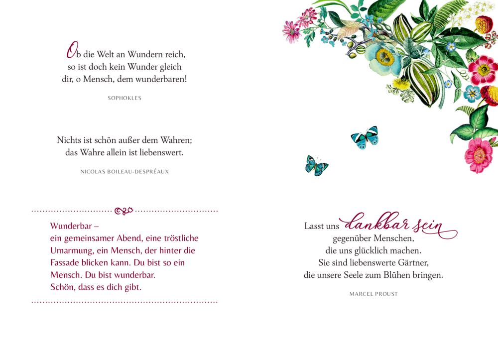 Blumenbordüre mit Schmetterlingen und Zitaten zu Wunder, Wahrheit und Dankbarkeit auf einer weißen Seite.