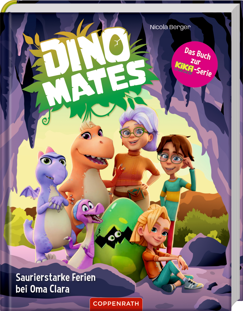 Drei Cartoonkinder und bunte Dinosaurier posieren in einer Höhle auf einem Buchcover. Titel: Dino Mates .