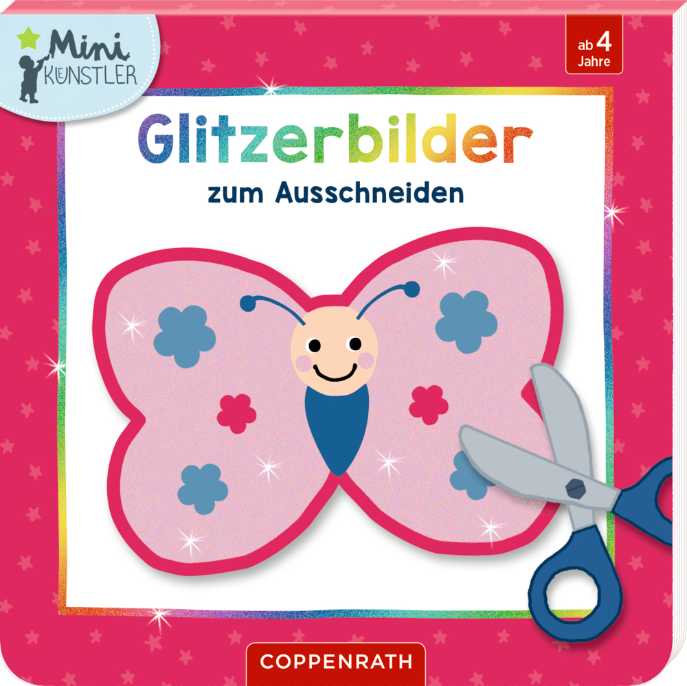 Schmetterling mit pinken Flügeln und Sternen lächelt,  daneben Schere, oben ist Text.