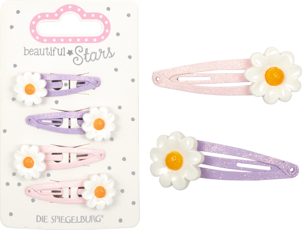 Set aus zwei rosa und zwei violetten Glitzer-Haarspangen mit weißen Gänseblümchen, auf einer Displaykarte präsentiert.