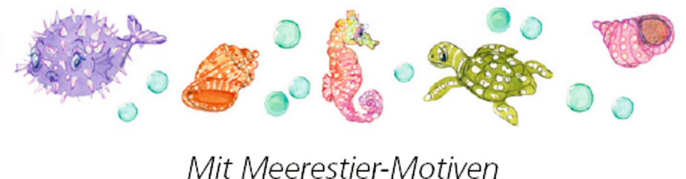 Aquarell-Meerestiere und Muscheln: Kugelfisch, Seepferdchen, Schildkröte und Blasen.