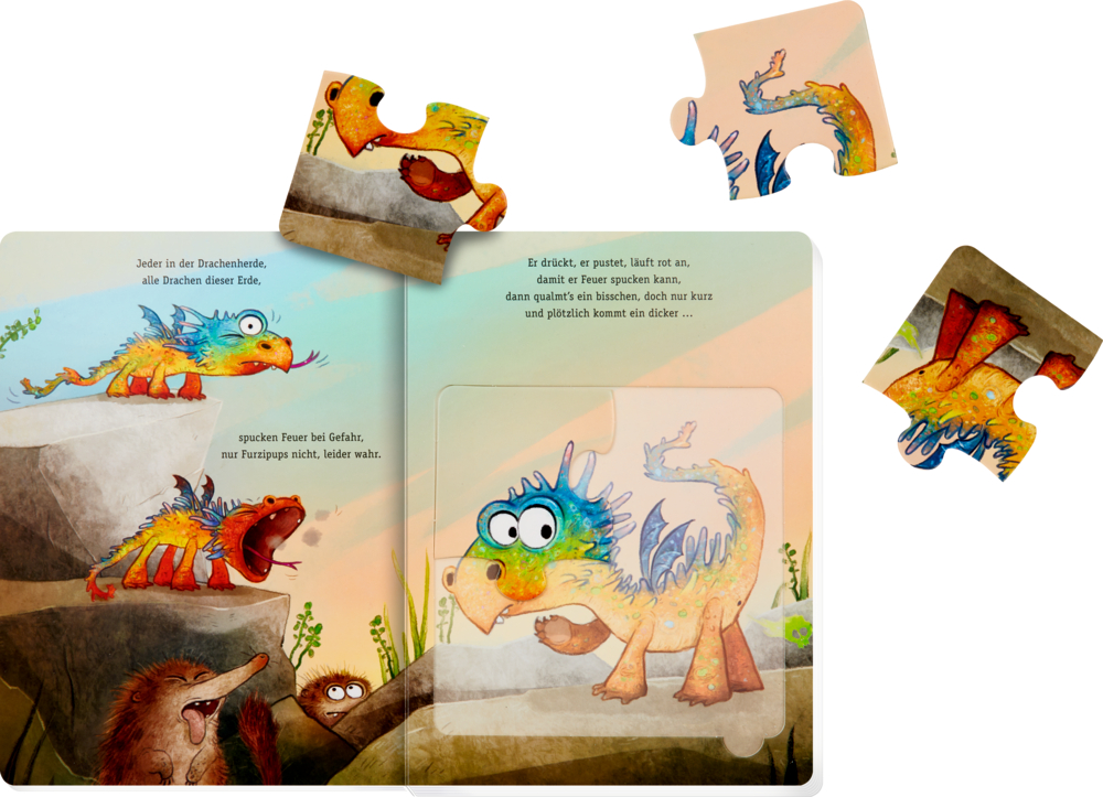 Eine bunte Kinderbuchseite mit einem Drachen, einem Igel, Bergen und darauf verstreuten Puzzleteilen.