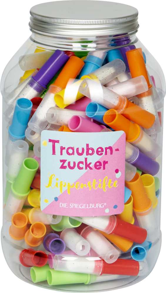 Glas mit bunten, röhrenförmigen Bonbons mit der Aufschrift „Traubenzucker Lippenstifte“.