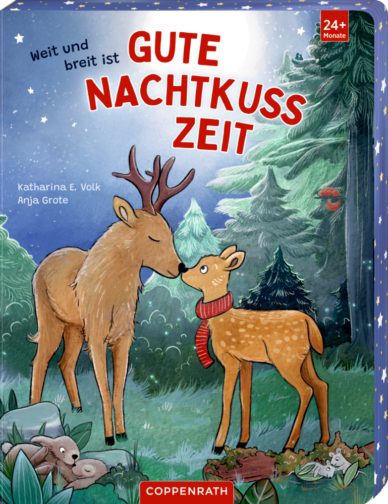 Buchcover mit Illustration eines Rehs und eines Kitzes im Wald, das Kitz trägt einen roten Schal, unten liegen ein Hase und eine Maus.