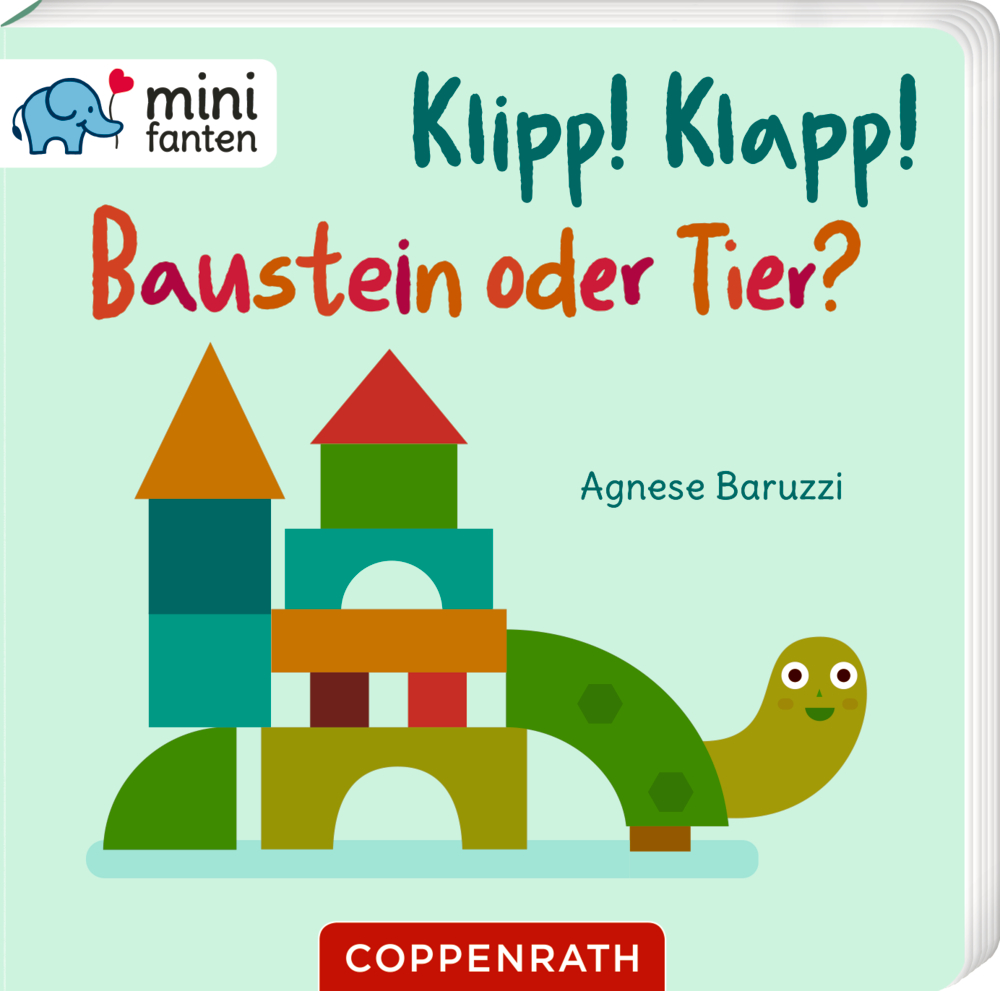 Kinderbuchcover mit bunten Bauklötzen, einer Schildkröte und Text.