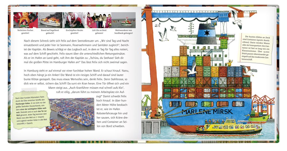 Illustration eines großen Frachtschiffs mit bunten Containern, das in einem geschäftigen Hafen anlegt.