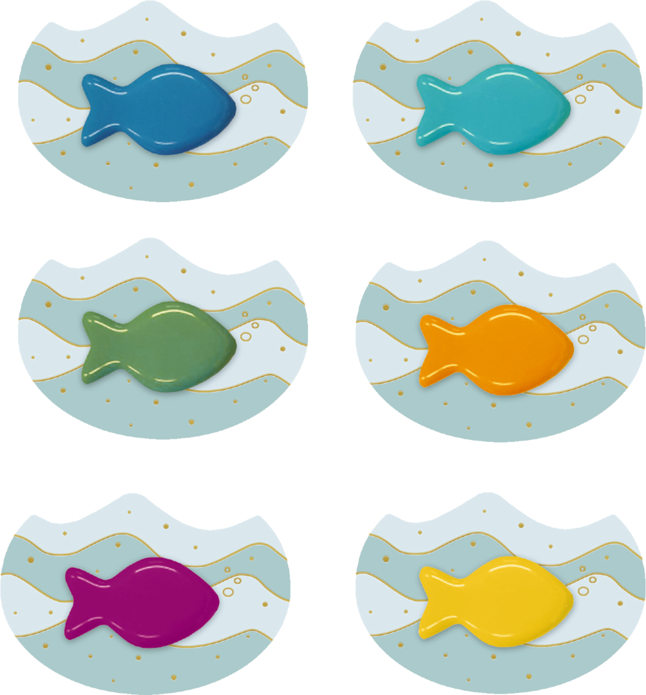 Sechs bunte Fische auf welligem Aqua-Hintergrund mit Blasen und goldenen Akzenten.