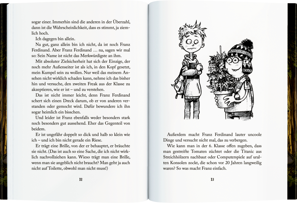 Buchinnenseite mit handgeschriebenem Text und Schwarz-Weiß-Zeichnungen von Kindern.