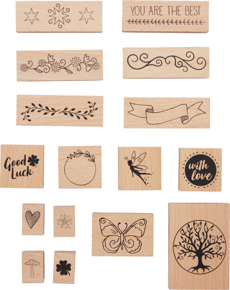 Set aus Holzstempeln mit verschiedenen Motiven wie Sternen, Blumen, Schmetterling, Baum, Herz, Schriftzügen und Ornamenten.
