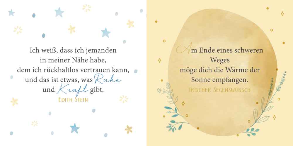Zwei Zitatkarten mit dekorativen Sternen und Blumenmustern auf weißem und gelbem Hintergrund, Text in verschiedenen Schriftarten.