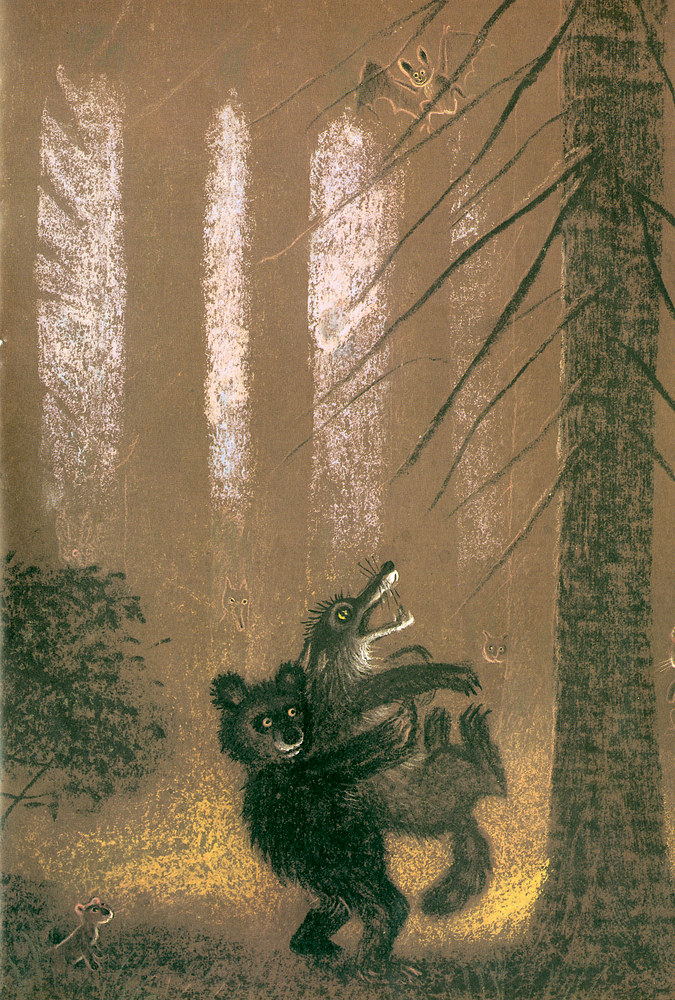 Ein Bärenjunges hebt einen ängstlichen Wolf im dunklen Wald hoch. über ihnen hängen Fledermäuse.