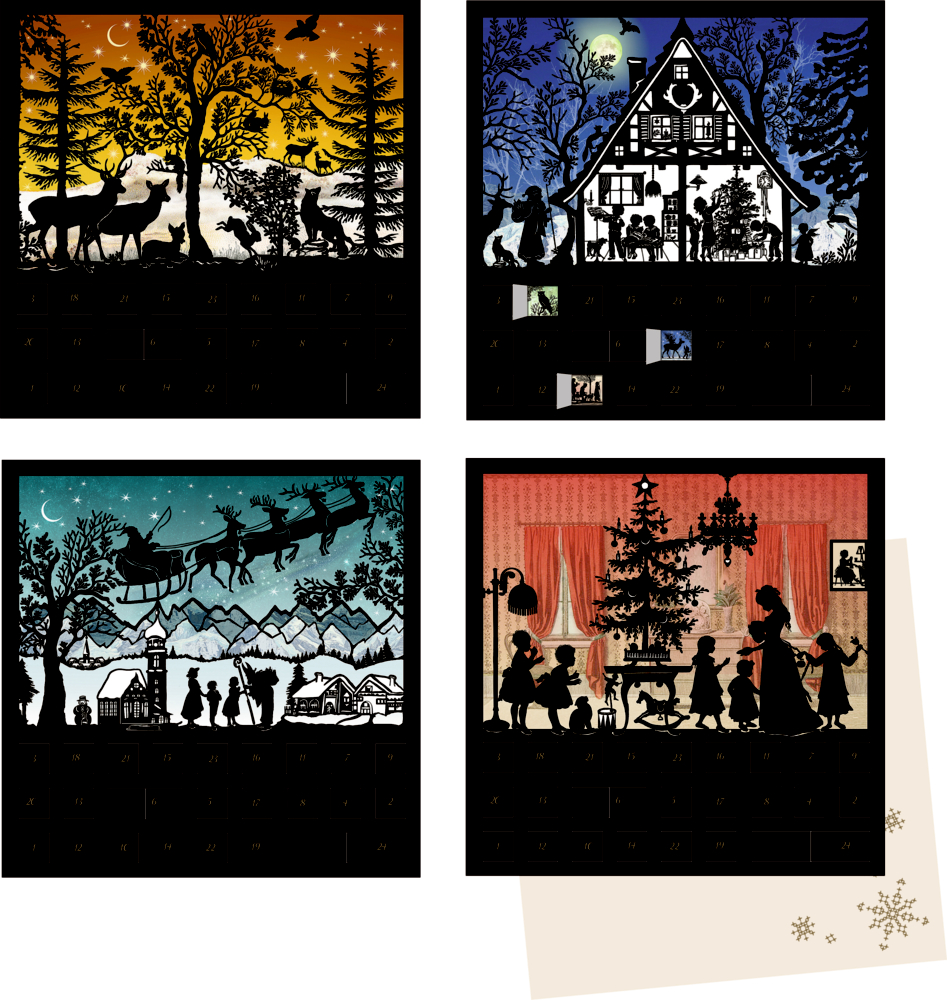 Vier festliche Szenen: Rentiere im Wald, ein Haus bei Nacht, der fliegende Weihnachtsmann und Menschen als Silhouetten an einem Weihnachtsbaum.