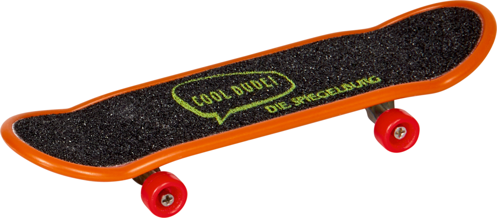 Orangefarbenes Fingerboard-Skateboard mit roten Rädern und „COOL DUDES“ auf schwarzem Griptape.
