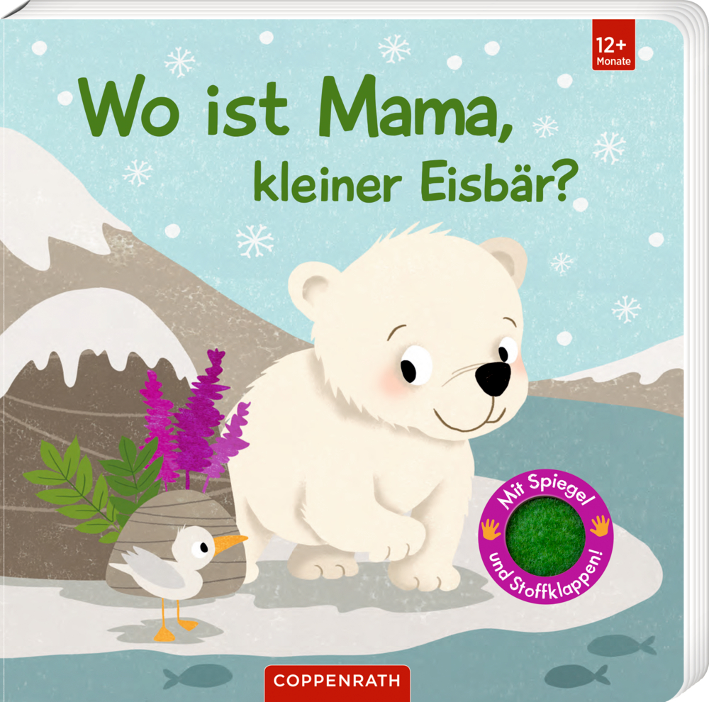 Buchcover mit Illustration eines kleinen Eisbären auf Eisfläche mit Vogel, Pflanze und Bergen im Hintergrund.