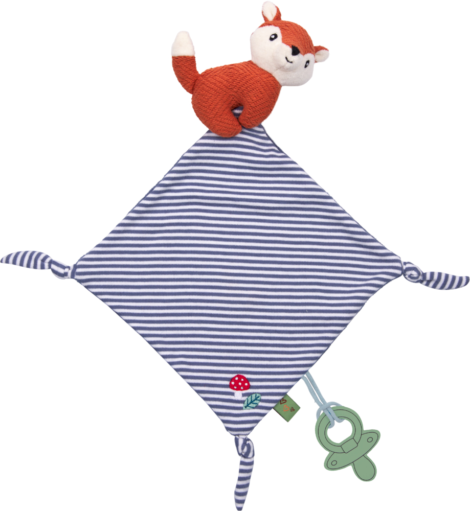 Gestreiftes Schnullertuch mit angenähter rot-weißer Fuchsfigur, Knoten an den Ecken und Schnullerband.