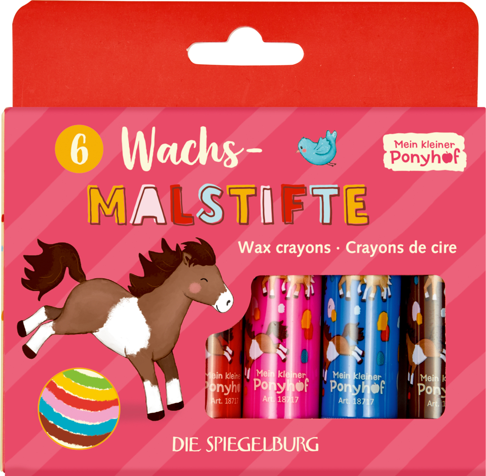 Schachtel mit sechs bunten Wachsmalstiften, verziert mit Cartoon-Pony und gestreiftem Ball auf der Vorderseite.