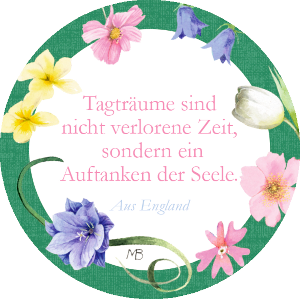 Text, umgeben von bunten Blumen auf grünem kreisförmigem Hintergrund.