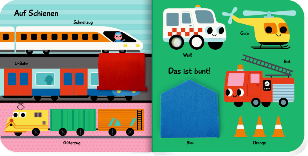 Kinderbuchseite mit bunten Zügen, einem Hubschrauber, einem Feuerwehrauto und roten und blauen Filzformen.