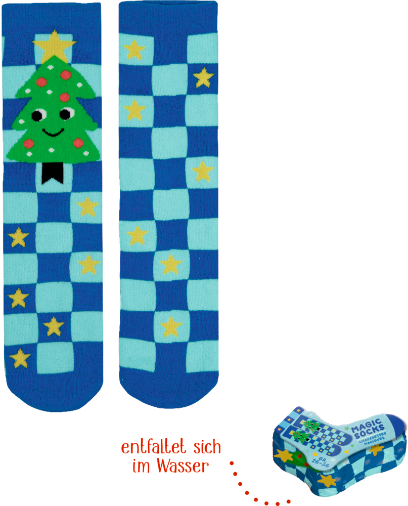 Blau-türkis karierte Socken mit gelben Sternen und Weihnachtsbaum-Motiv, daneben kompakt gefaltete Verpackung.