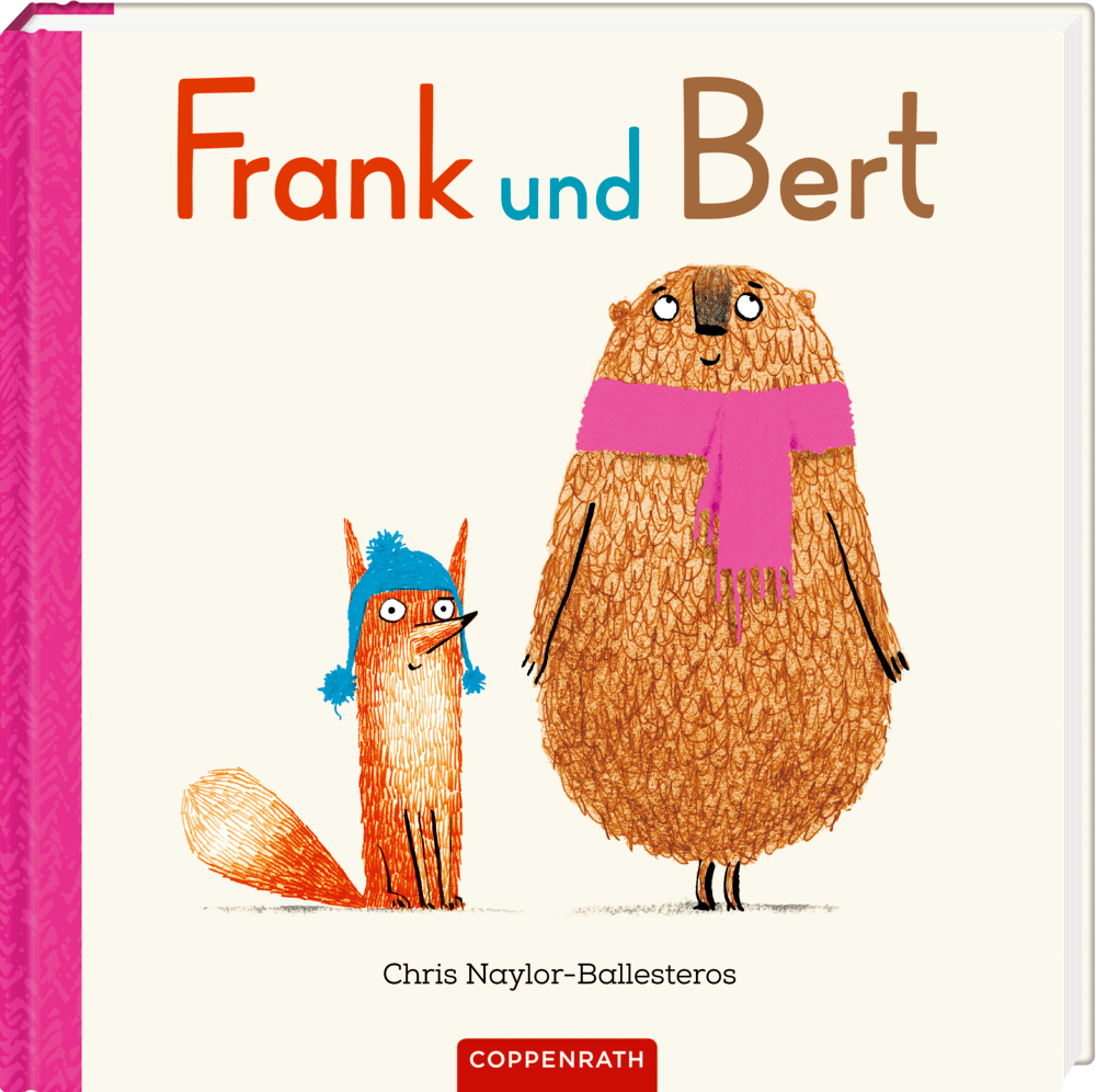 Auf dem drei dimensionalem Cover ist ein Fuchs mit blauer Mütze und Bär mit rosa Schal , es betitelt „Frank und Bert“.