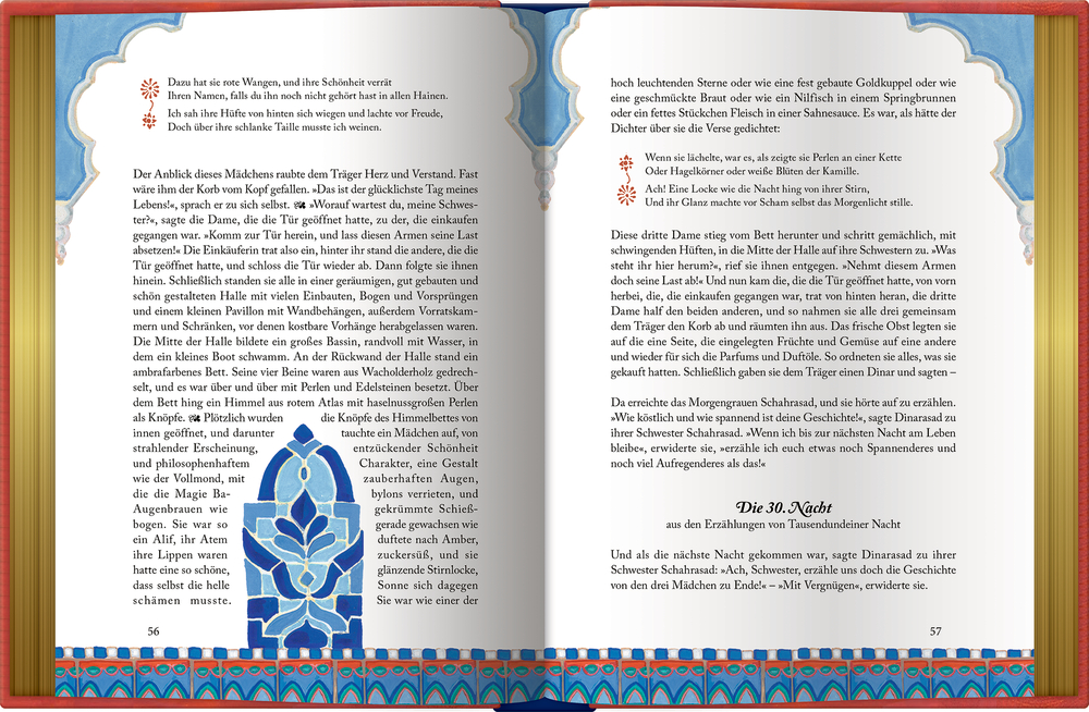 Aufgeschlagenes illustriertes Buch mit orientalisch inspiriertem Seitenrand und Text.