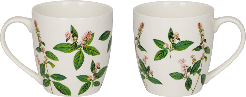 Vorder- und Rückseite einer weißen Tassen mit grünem Blatt- und rosa Blumenmuster.