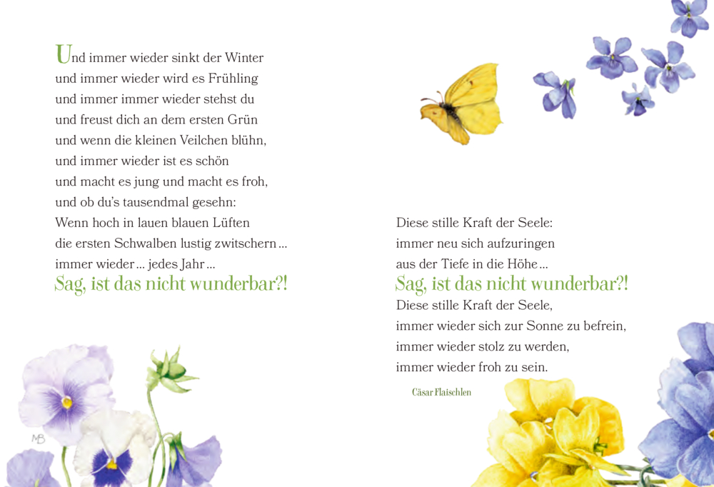 Gedichtseiten mit blauen und gelben Blumen, einem gelben Schmetterling und grün hervorgehobenem Text.