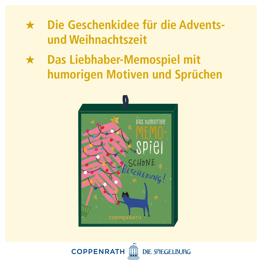 Grüne Spielschachtel mit pinkem Weihnachtsbaum, Lichterkette und blauer Katze, Text „Das humorige Memo-Spiel Schöne Bescherung“.