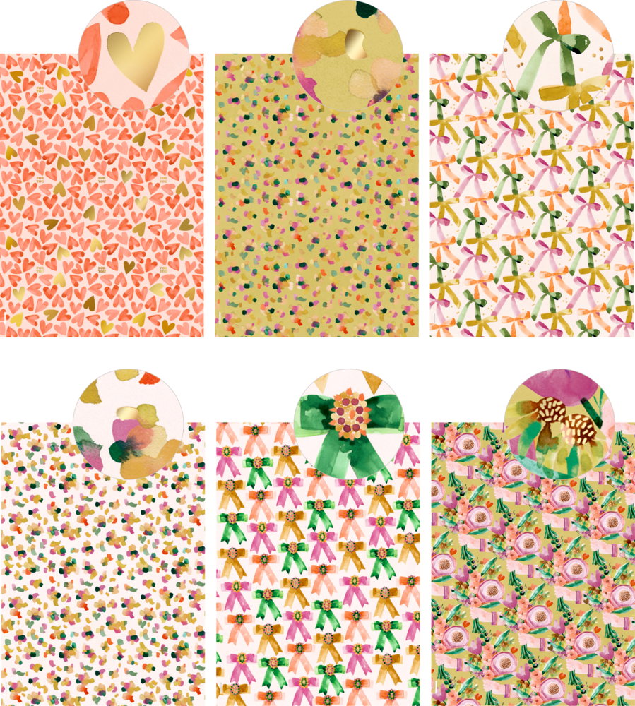 Sechs Geschenkpapierbögen mit bunten Mustern aus Herzen, Punkten, Schleifen, Blüten und floralen Motiven in Rosa-, Grün- und Gelbtönen.