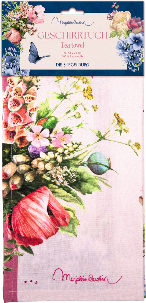 Geschirrtuch aus Baumwolle mit floralem Muster in Rosa, Grün und Gelb sowie großem roten Mohnblumenmotiv, in einer Verpackung.