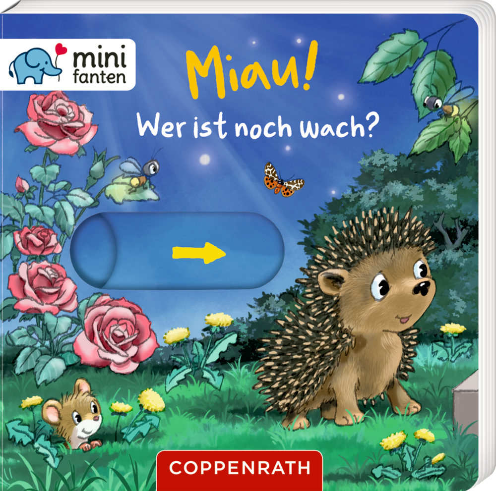 Buchcover mit Illustration eines Igels, einer Maus, Blumen und Insekten vor Nachthimmel mit Text und Schiebefläche mit gelbem Pfeil.