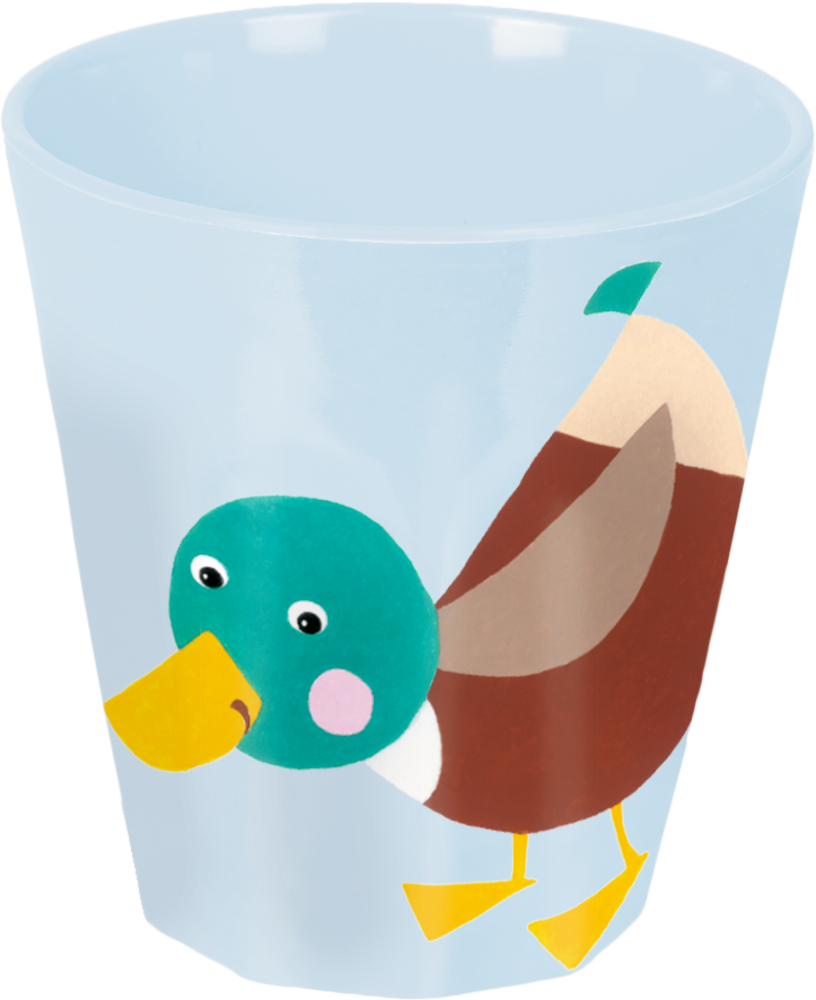 Hellblauer Becher mit einer farbenfrohen Cartoon-Entenillustration an der Seite.