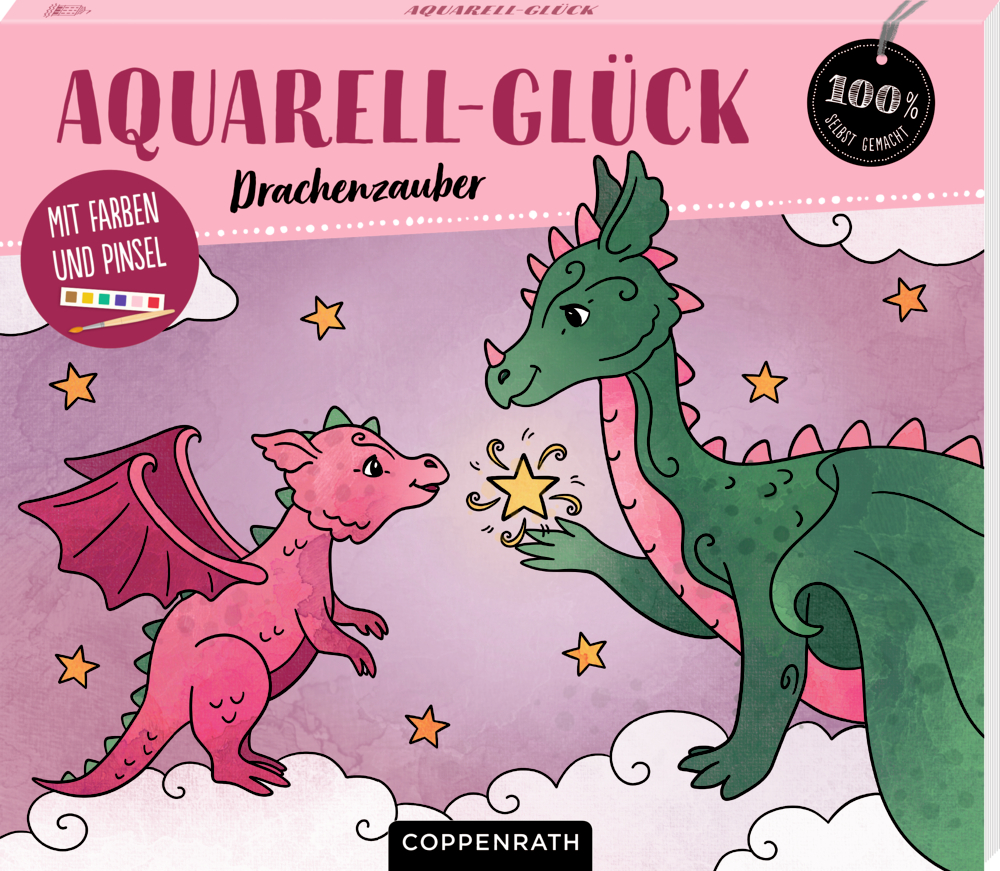 Malbuch-Cover: Zwei Cartoon-Drachen stehen auf Wolken und tauschen einen leuchtenden Stern, umgeben von rosa und gelben Sternen.