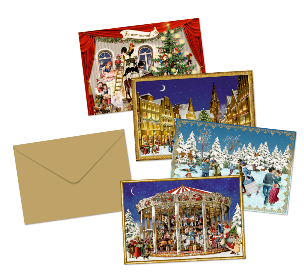 Set aus vier Weihnachtskarten mit Winter- und Weihnachtsszenen, präsentiert neben einem einfachen braunen Umschlag.