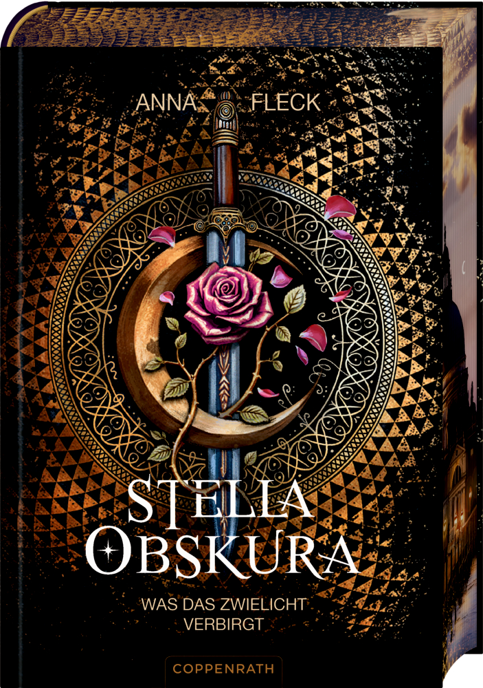 Buchcover mit goldenem Muster, Schwert und Rosenzweig vor Halbmond, Titel „Stella Obskura – Was das Zwielicht verbirgt“.